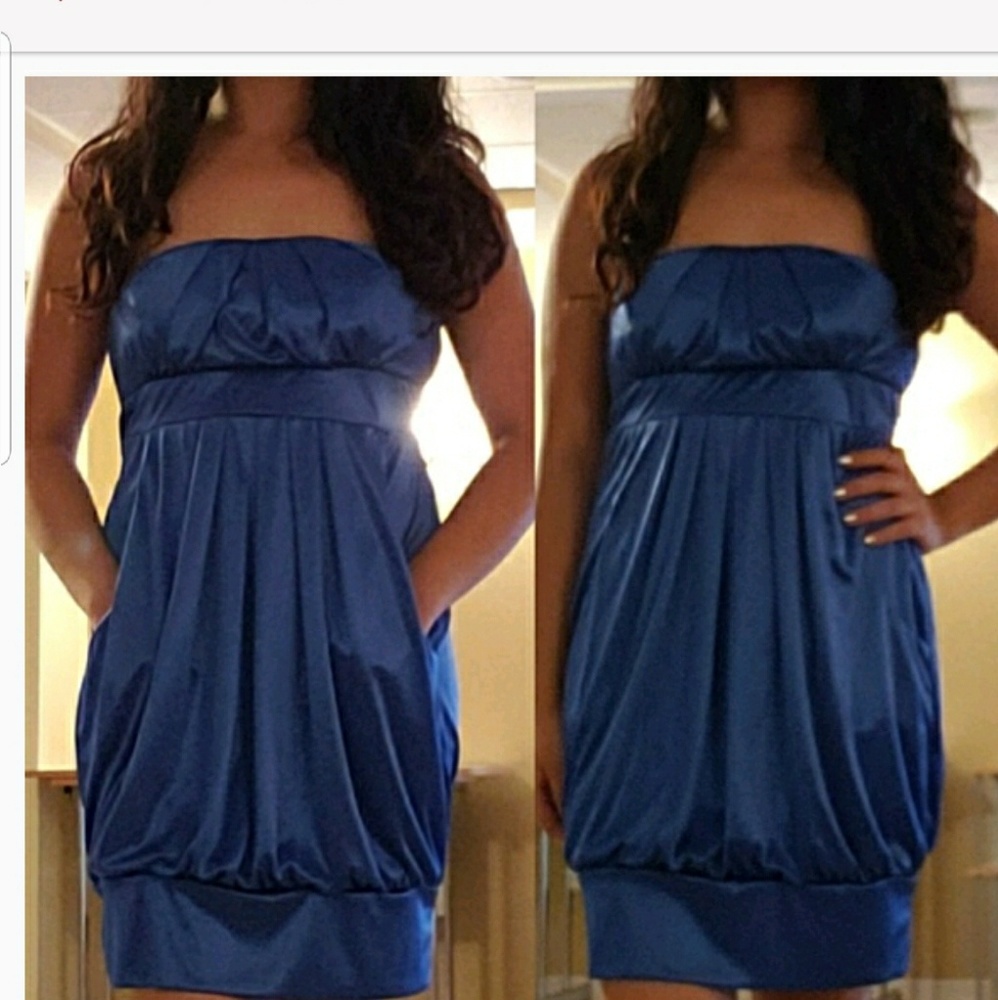 Strapless Blue Satin Mini Dress With Front Pockets